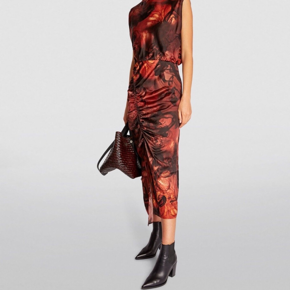 All Saints ISA Claudia Dress, Size 4 (small) Rust Red Silk Blend Midi Sleeveles - Picture 3 of 16